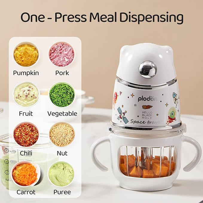 Baby blender food maker, PLODON 15-in-1 baby food processor set, suitable for vegetables, fruits and meat, compatible with stage-based recipes, separator, silicone spoon, scraper, (silver)