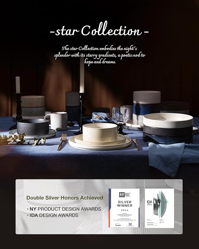 Famiware Star Dinnerware Set with Mugs, Service for 4 (16pcs), Ribbed Stoneware Plates and Bowls Dishes Sets - Chip & Scratch Resistant, Microwave & Dishwasher Safe, Matte White