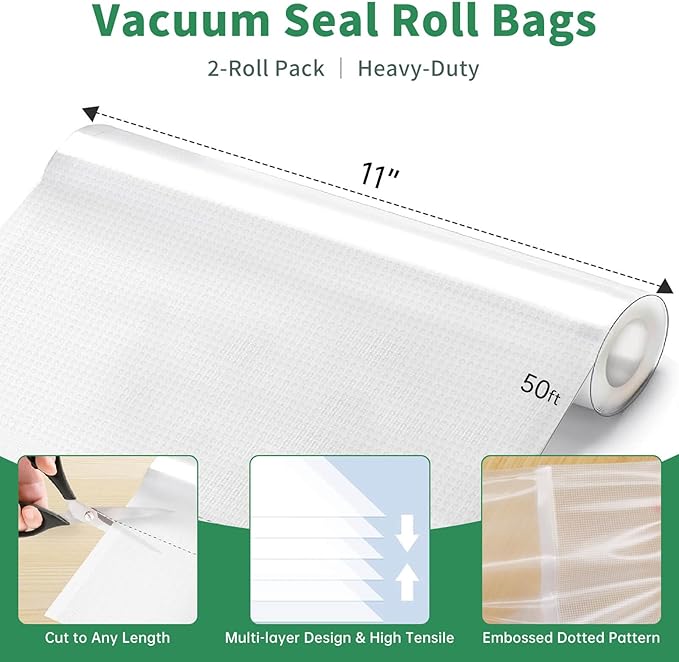 Aotto Vacuum Sealer Bags for Food - 2 Rolls 11" x 50' Commercial Grade BPA Free Vacuum Seal Bags for Food Storage, Meal Prep and Sous Vide