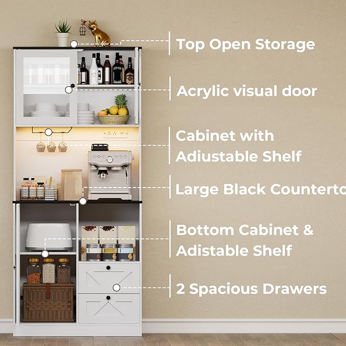 71?섃셁itchen Pantry Storage Cabinet with LED Lights and Power Outlet, Tall Farmhouse Kitchen Hutch with Microwave Stand,Globet Hooks and Adjustable Shelf for Dining Living Room,White