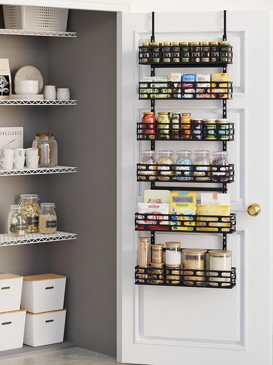 6-Tier Over The Door Pantry Organizer, Pantry Organizers and Storage, Metal Hanging Spice Rack, Over the Door Organizer for Home & Kitchen, Laundry Room Bathroom, Black