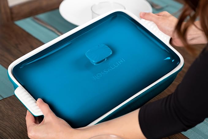 Stoneware Casserole Dish Bakeware Set with Lid, Covered Rectangular Dinnerware, Large 3.2 Quart, 11 by 9 Inch [Ocean Blue]