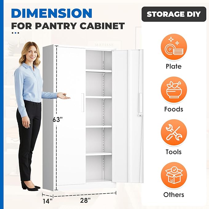 INTERGRAET 63" Tall Pantry Cabinet,Kitchen Pantry Storage Cabinets with 2 Doors and 4 Shelves,White Metal Storage Cabinet,Cupboard for Home,Kitchen,Living Room/Dining