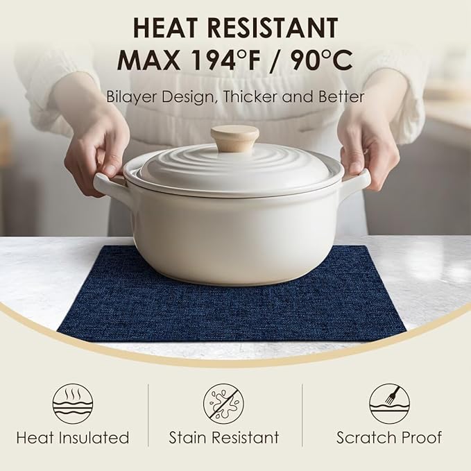 Aironment Placemats Set of 6, Bilayer Thickened Linen Place Mats Heat Resistant Machine Washable Wrinkle Free Carefully Selected Polyester Mats for Kitchen/Dining/Coffee Table (Navy Blue)