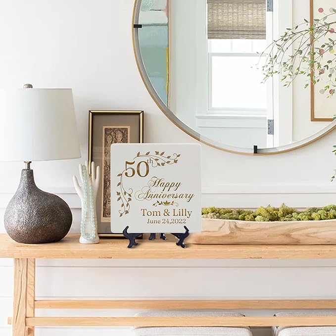 Custom 50th Wedding Anniversary Plate with Stand ??9" Ceramic Square China Plates, Personalized Golden Anniversary Present for Couple, Customize with Text Only