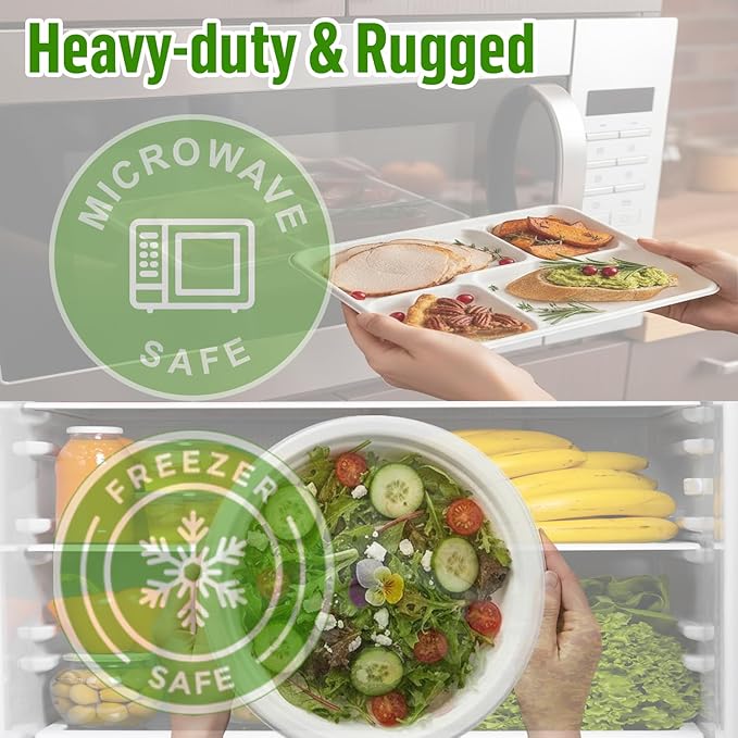 5 Compartment Compostable Heavy Duty Disposable Paper Plates, 300 Count | 10.2" X 8.3" | Natural Bagasse, White Biodegradable Eco-Friendly School Lunch, Buffet, Party Sugarcane Tray