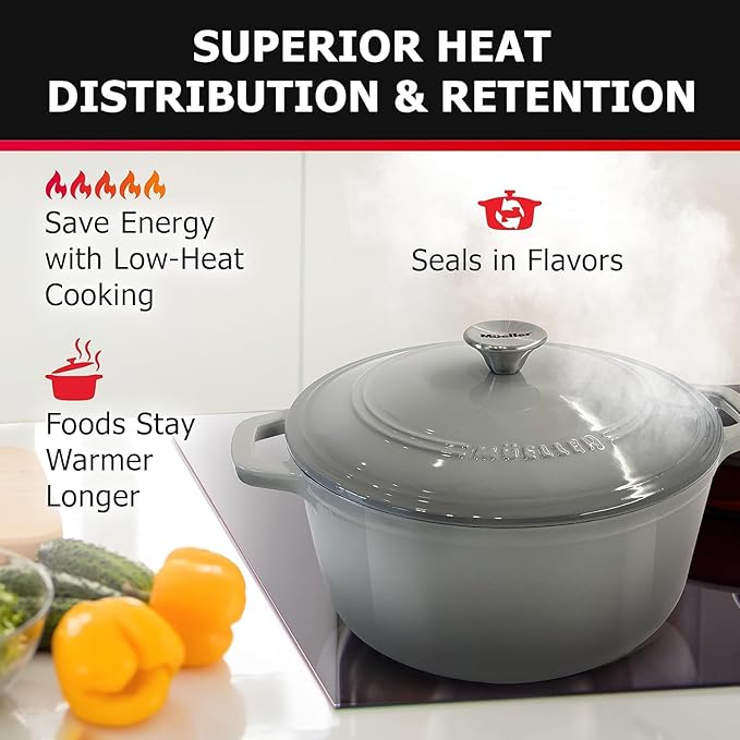 MUELLER HOME 7.5 QT Enameled Cast Iron Dutch Oven, Heavy-Duty, Oven-Safe up to 500째 F & Across All Cooktops, Casserole Dish and Braiser Pan with Lid and Stainless Knob, Grey