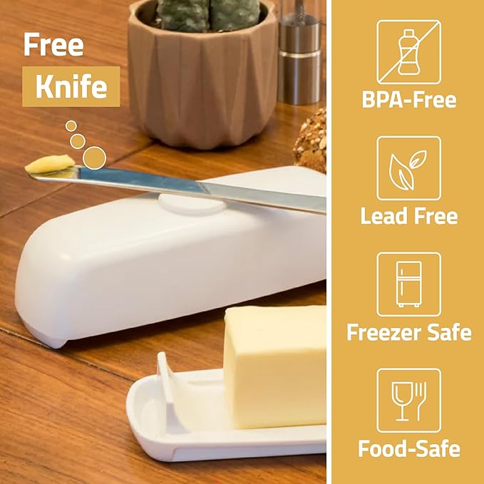 Butter Hub Butter Dish with Lid and Knife, Magnetic Butter Keeper, Easy Scoop, No Mess Lid, Plastic, Dishwasher Safe (Grey)