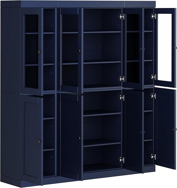 Palace Imports 100% Solid Wood Kitchen China Pantry Cabinet, 65" W - 4 Clear Glass & 4 Shaker Doors, Renewable Eco-Friendly Wood, Made in Brazil (Navy Blue, 8 China/Shaker Doors | NO Drawers)