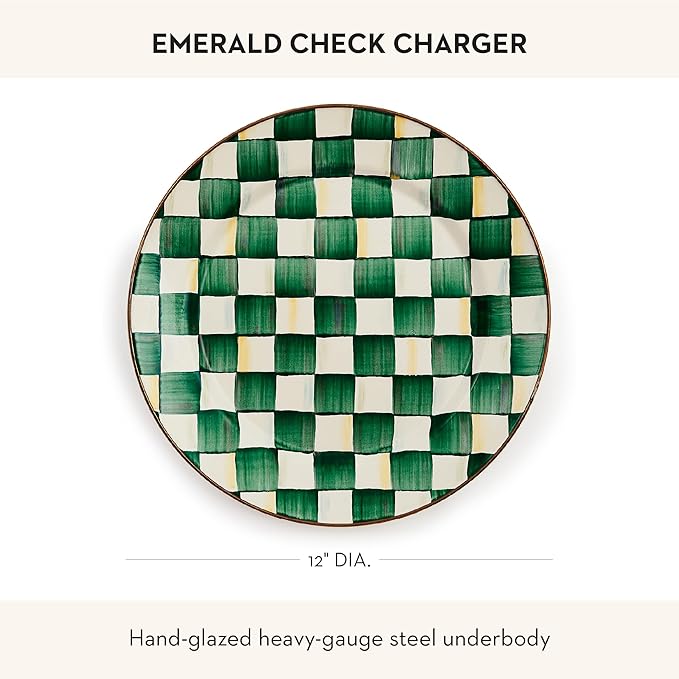 MACKENZIE-CHILDS Enamel Charger Plate, Charger Decoration for Dinner Plates or Home Decor, 12 Inches, Green-and-White Emerald Check