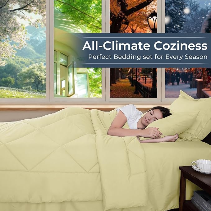 HEVUMYI Cream Yellow King Comforter Set - 7-Piece All Season Bed in a Bag King, Ultra Soft Bedding Set with Comforter, Flat Sheet, Fitted Sheet, Pillowcases, Pillow Shams