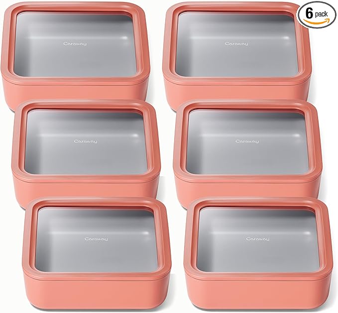 Caraway 6pc Glass Food Storage Set ??10 Cup Food Containers (6) - Ceramic Coated - Non Toxic, Non Stick with Lids - Microwave Safe - Perracotta