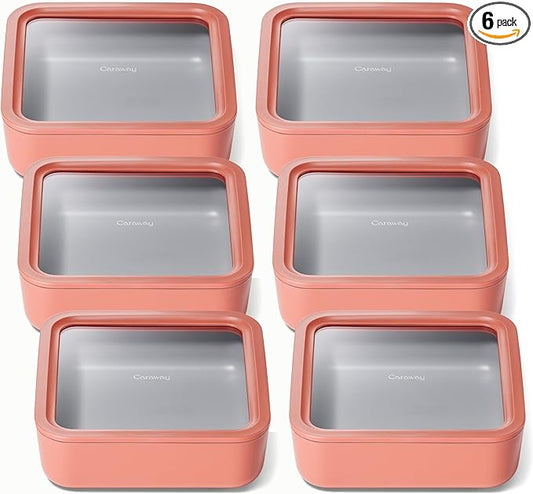 Caraway 6pc Glass Food Storage Set ??10 Cup Food Containers (6) - Ceramic Coated - Non Toxic, Non Stick with Lids - Microwave Safe - Perracotta