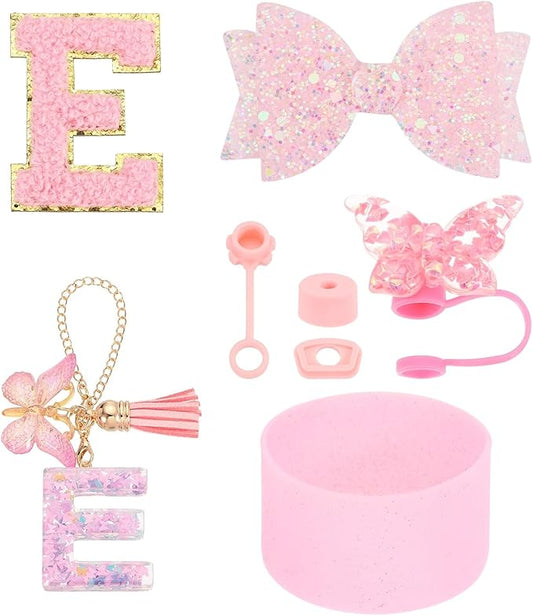 uxcell 8Pcs Cup Accessories Set for Cup Tumbler with Handle, Including Silicone Straw Cover, Boot, Spill Proof Stopper, Handle Charm, Initials Sticker(Letter E, Pink)