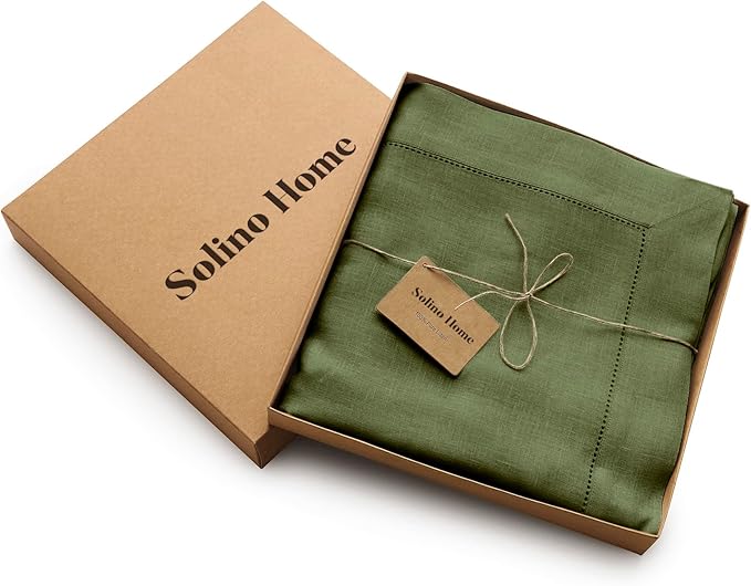 Solino Home Olive Linen Tablecloth 60 x 144 Inch - 100% Pure Linen Classic Hemstitch Table Cloth for Rectangle Tables - Machine Washable Tablecloth for Wedding, Parties, St Patricks Day