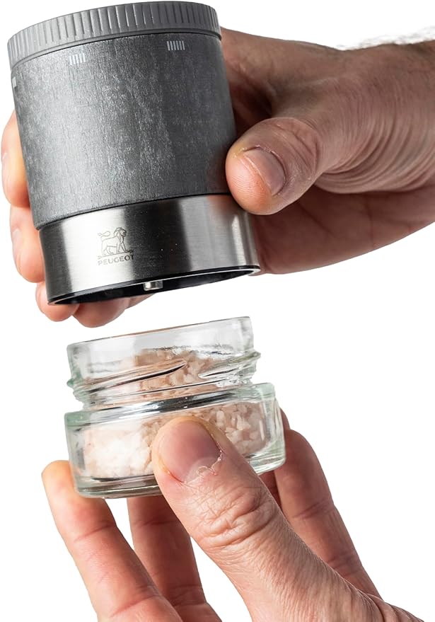 PEUGEOT?밠aestro Salt Bar ??10cm Salt Mill with U?셎elect Adjustment ??3 Premium Salts, 3 Empty Interchangeable Glass Jars, White Marker - Made in France ??PEFC-Certified Wood/Stainless-Lt. Graphite