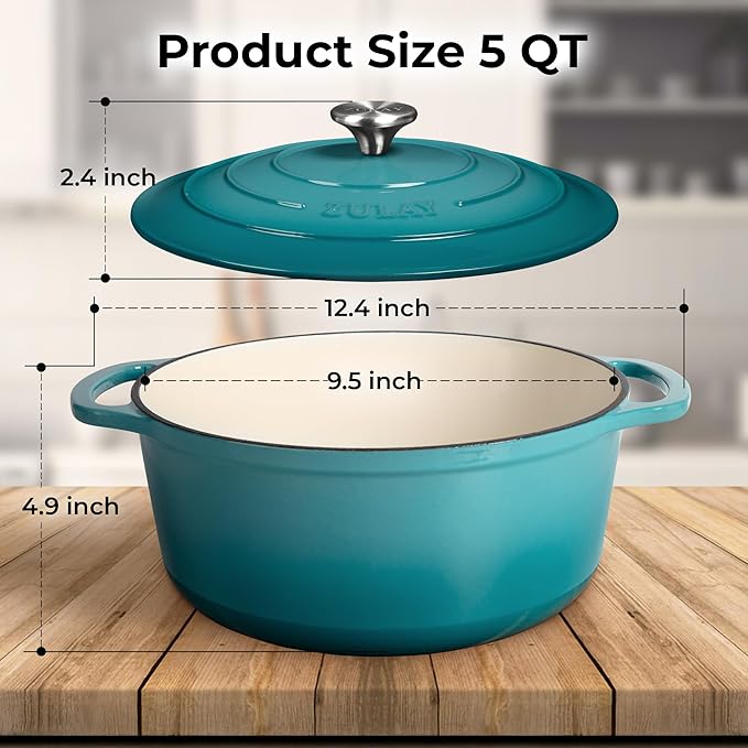 Zulay Kitchen 5 Quart Enameled Cast Iron Dutch Oven Pot with Lid ??Premium Durability & Oven Safe up to 500째F ??Heavy Duty Cookware Perfect for Bread Baking, Stews, Braising & Roasting ??Light Blue