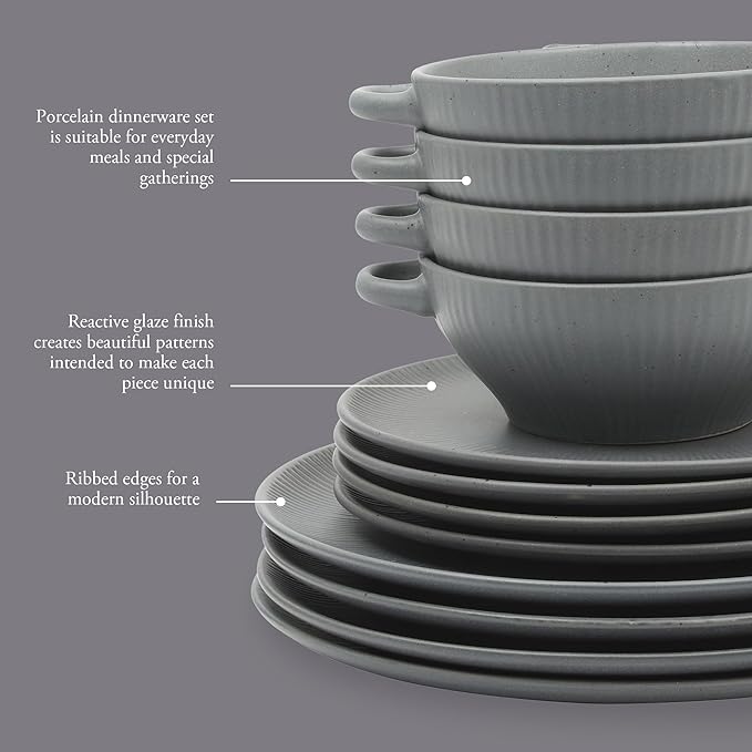 Gibson Elite Clover Hill 12-Piece Stoneware Dinnerware Set ??Dark Blue Embossed Plates and Bowls with Matte Speckled Reactive Glaze, Service for 4 ??Microwave & Dishwasher Safe