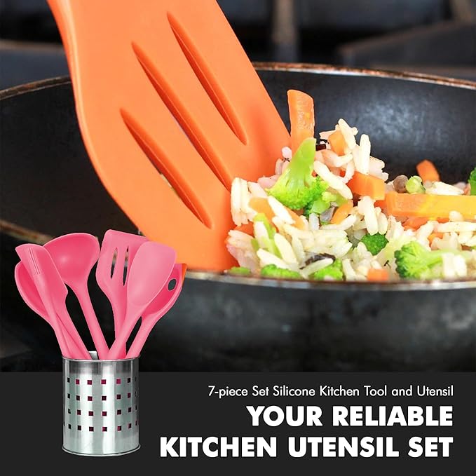 Chef Craft - Premium Silicone Kitchen Tools and Utensils Set, Non-Scratch, Withstands Temperatures up to 450째F, BPA-Free, 7 Piece Cooking Utensils Set, Pink