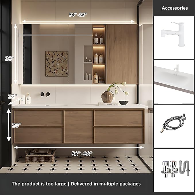 Floating Bathroom Vanity with Sink - Modern Bathroom Vanity - Includes LED Smart Defogging Medicine Cabinet & Drawer - Multi-Layer Solid Wood | Wall-Mounted