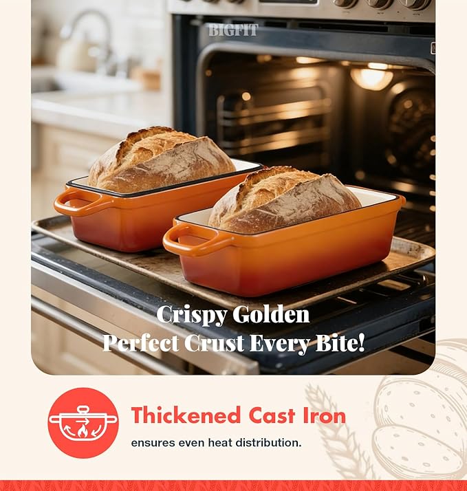 2 IN 1 Cast Iron Bread Loaf Pan with Lid, 3.4QT 9x5 Inch Dutch Oven for Bread Baking, Even Heating Bread Oven, Enameled Bread Pan for Homemade Sourdough Bread Baking & Versatile Cooking, Orange