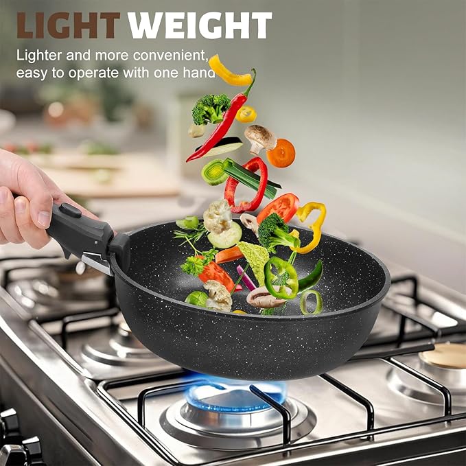 Numola 10 pcs Pots and Pan Set Non Stick with Detachable Handle, Ceramic Cookware Set for Stackable, Induction Kitchen Cookware Set for RV, Dishwasher 竊?Oven Safe, Black