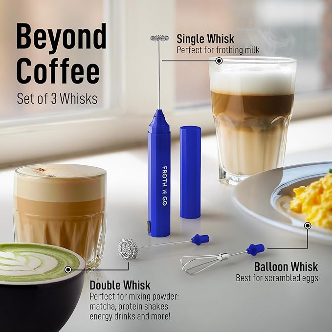 Zulay Froth N Go Milk Frother ??Rechargeable 3-in-1 Handheld Frother Wand with Travel Case & USB-C Charger ??Single, Double & Egg Whisk for Latte, Cappuccino, Matcha, Protein Shakes ??Royal Blue
