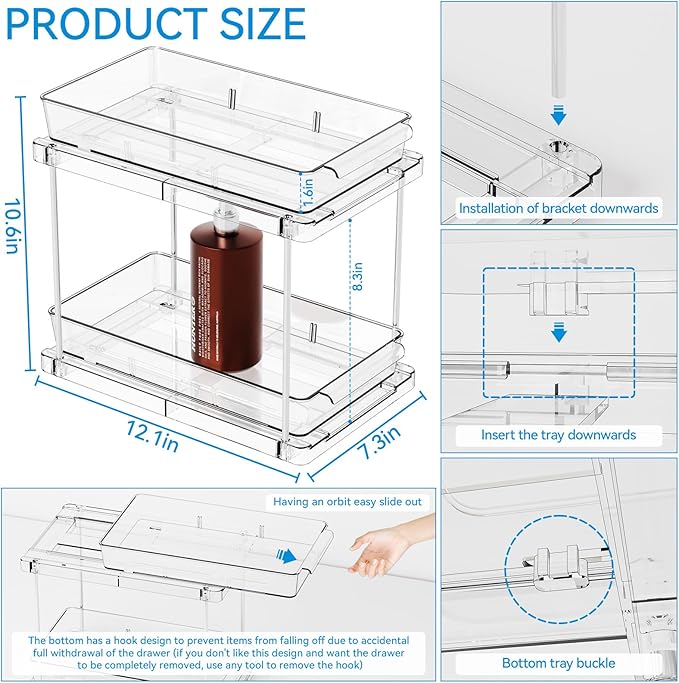 Yieach 2 Pack 2 Tier Pull Out Drawers for Medicine Cabinet Organizer,Bathroom Under Cabinet Storage,12.1??Deep Pantry and Medicine Shelf Organizer for Toiletry Product,Vitamin Bottle and Supplement