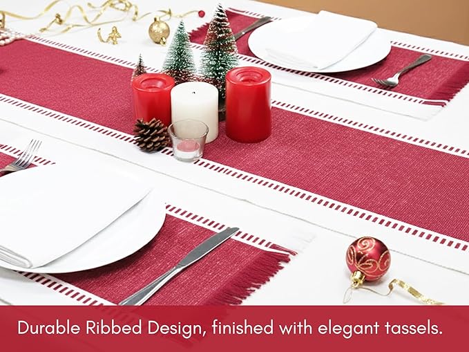 PurpleEssences Table Runner - Wide with Dobby Stripe, Heavy Ribbed Weave & Double Knot Fringes, 14x90 Inch (14x95.5 with Fringes) Boho Farmhouse Decor - Christmas Holiday Winter - Red and White