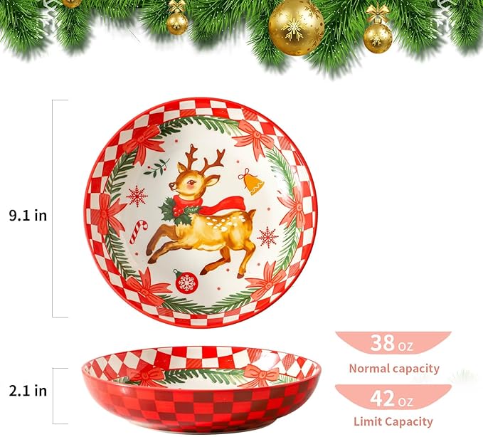 HASENSE Christmas Dishes,42OZ Pasta Bowl Set of 4, Ceramic Soup Bowl for Holiday Serving, Christmas Gifts for Women,Family, Friends,Seasonal Table D챕cor, and Winter Family Meals, Colorful