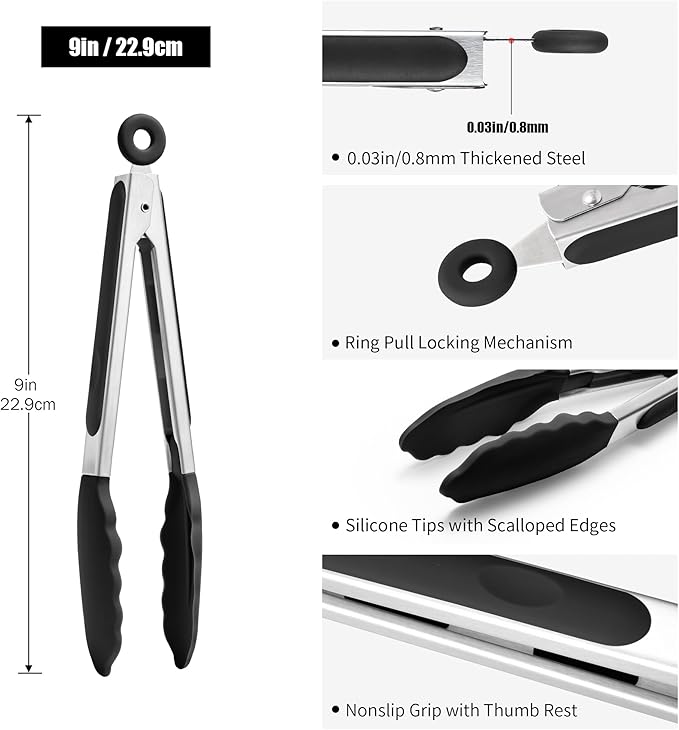 Doosu Kitchen Tongs for Cooking - 600째F Heat Resistant Food Tong with Non-Scratch Silicone Tips, Heavy Duty Stainless Steel Locking Tong for BBQ, Grilling Steak, Serving Salad, Pasta (9in, Black)