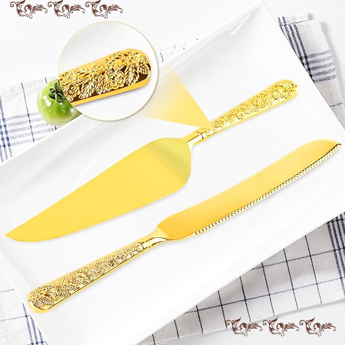 Gold Cake Cutting Set, 2 PCS Wedding Cake Knife and Server Set, Vintage Engraved Cake Cutter and Serving Spatula for Wedding, Birthday, Anniversary, Party