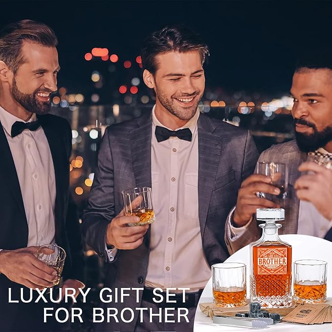 PONPUR Gifts for Brother, Whiskey Decanter Set with 2 Whisky Glasses, Unique Cool Stocking Stuffers Birthday Gift for Brothers from Sister, Best Christmas Presents for Men