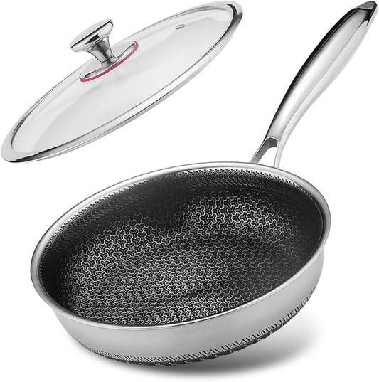 Lazycorner Non Stick Frying Pans Skillet with Lid, 8 Inch Stainless Steel Kitchen Cookware Pot, Non toxic Healthy Induction Compatible PFAS PTFE PFOA PFOS FreeCompatible PFAS PTFE PFOA PFOS Free