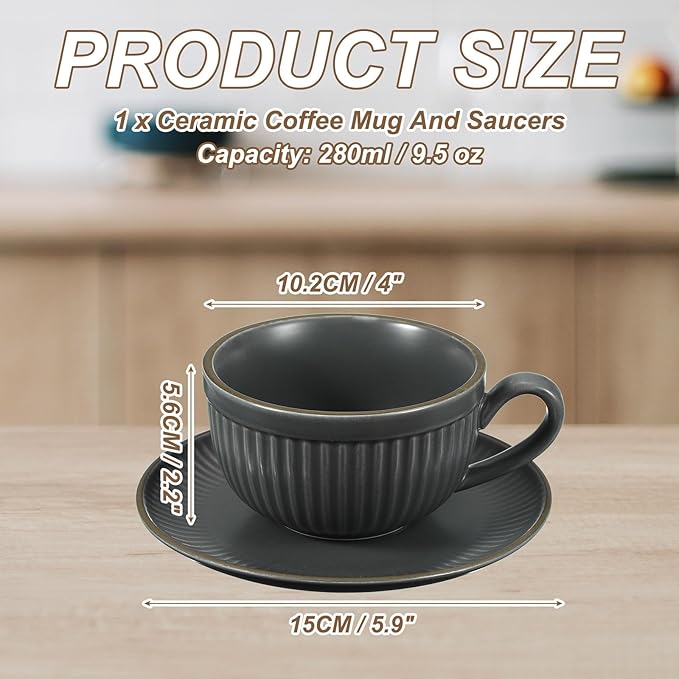 uxcell Handmade Vintage Espresso Cups, 9.5oz Stripe Coffee Cups and Saucers Ceramic Tea Cup with Handle Dishwasher and Microwave Safe for Latte Cappuccino Milk Office Home, Gray Blue