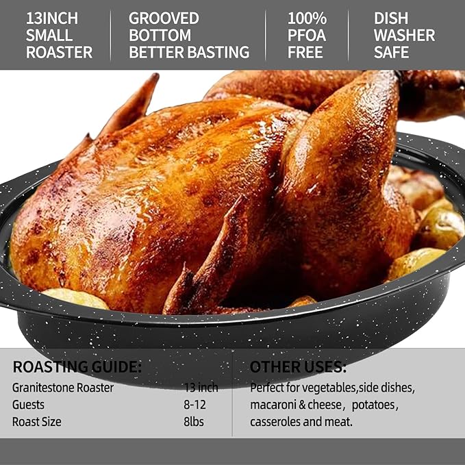 13??Enameled Oval Roasting Pan with Domed Lid - For 7lb Turkey, Chicken, Lamb, Vegetables