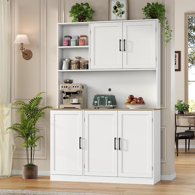 71" Tall kitchen Pantry Storage Cabinet, Modern Kitchen Hutch with 3 Pull-out Drawers, Kitchen Pantries with Microwave Stand & Door Shelf, Food Pantry with Adjustable Shelves for Dining Room (White)