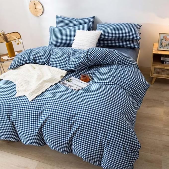 LifeTB Gingham Comforter Set Full 3 Pieces Royal Blue Grid Plaid Comforter Set Soft Fluffy Checkered Pattern Comforter with 2 Pillowcases Farmhouse Gingham Bedding Comforter Full Size for All Season