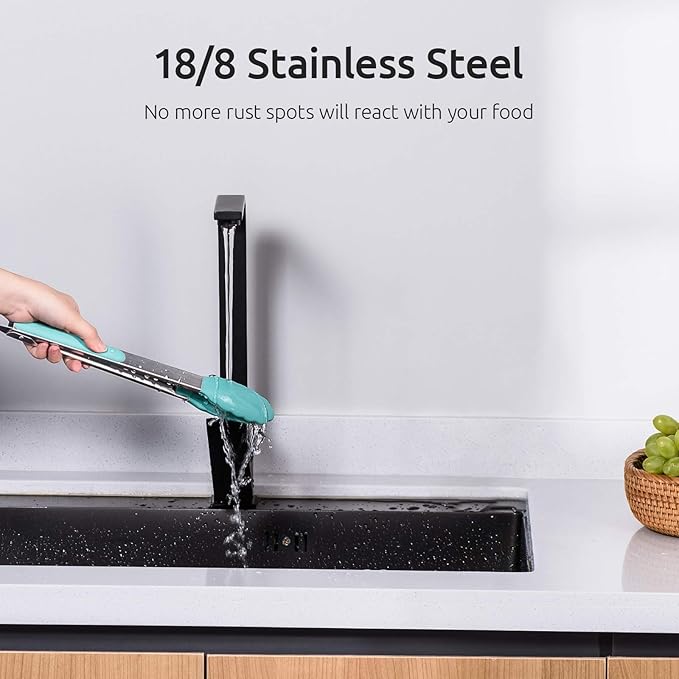Kitchen Tongs, U-Taste 7/9/12 inches Cooking Tongs, with 600쨘F High Heat-Resistant Non-Stick Silicone Tips, 18/8 Stainless Steel Handle, for Food Grill, Salad, BBQ, Frying, Serving, Pack of 3(Teal)