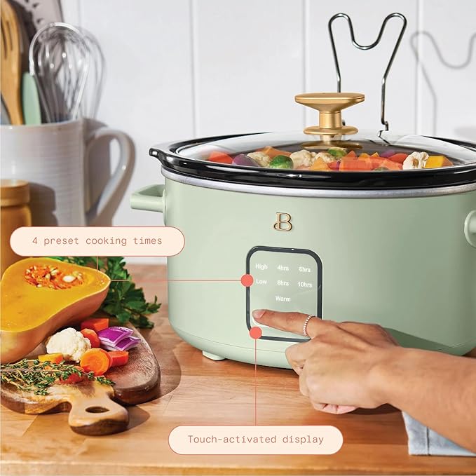 Beautiful 4 Quart Slow Cooker Touch Display Removable Stoneware Pot 4 Cooking Presets by Drew Barrymore (Sage Green)