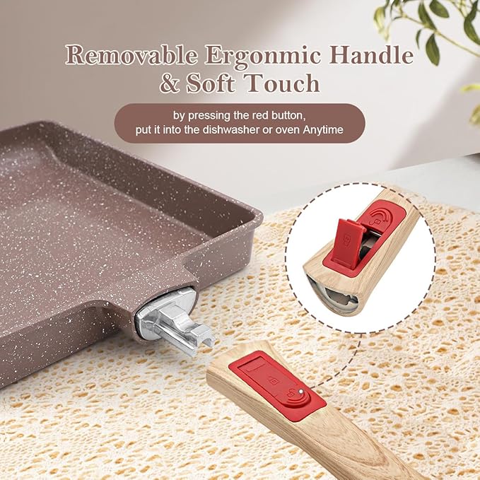 Ceramic Tamagoyaki Pan, Japanese Omelette Pan Nonstick, Rectangle Square Egg Frying Pan Skillet Nonstick, Detachable Handle, PFAS & PFOA-Free, Oven Safe, 9" x 8.2"