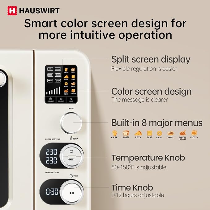 Hauswirt Toaster Oven Air Fryer, XL Large Convection Oven Countertop Rotisserie Chicken 42Qt 3-Tier for 5-8 People, 8 Mode Smart Toaster Stainless Steel 80째F - 500째F Quick & Even Crisp - Ivory