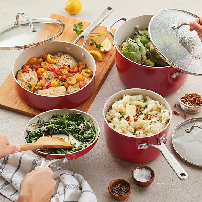 KitchenAid Hard Anodized Ceramic 9-Piece Nonstick Cookware Set ??Includes Fry Pans, Saucepan, Stockpot, Durable, Even Heating, Oven Safe to 500째F, Empire Red