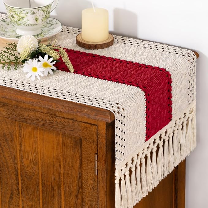 Socomi Boho Table Runner Valentine's Day Farmhouse Rustic Dining Kitchen Centerpiece Decor Small Macrame Woven Cotton Linen Coffee Table Runner for Dresser Scarf Home Decor 12x36 in Red Ivory