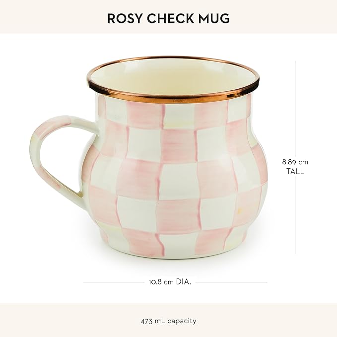 MACKENZIE-CHILDS Enamel Mug, Cute Enamelware Coffee and Tea Mug, Unique Drinkware, 16 Ounces, Pink-and-White Rosy Check, Set of 1