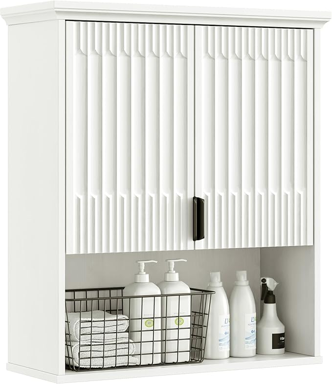 FLOWBACK Wall Mount Bathroom Cabinet, Wooden Medicine Cabinet Storage Organizer with Fluted Doors and Adjustable Shelf, Over The Toilet Space Saver Storage Cabinet (White)
