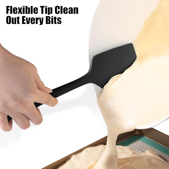 2-Piece Silicone Scraper & Spoon Spatulas: Doosu 600째F Heat Resistant Food Grade BPA Free Rubber Baking Flat Spatula Kitchen Cooking Spoonula for Mixing, Scraping, Folding, Stirring, Serving (Black)