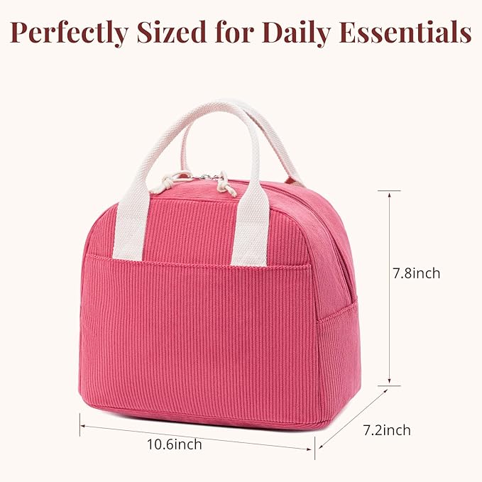 LOVELYWIND Insulated Lunch Bag for Women Men, Stylish Corduroy Tote Bag with Aluminum Lining, Large Capacity Reusable Cooler for Work, Travel, or Beach, Raspberry Pink Lunch Box
