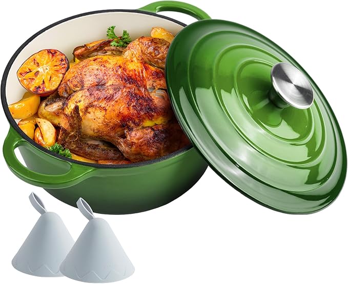 4.5 Quart Dutch Oven Enameled Cast Iron with Lid - Big Dual Handles - Oven Safe up to 500째F - Classic Round Pot for Versatile Cooking Green
