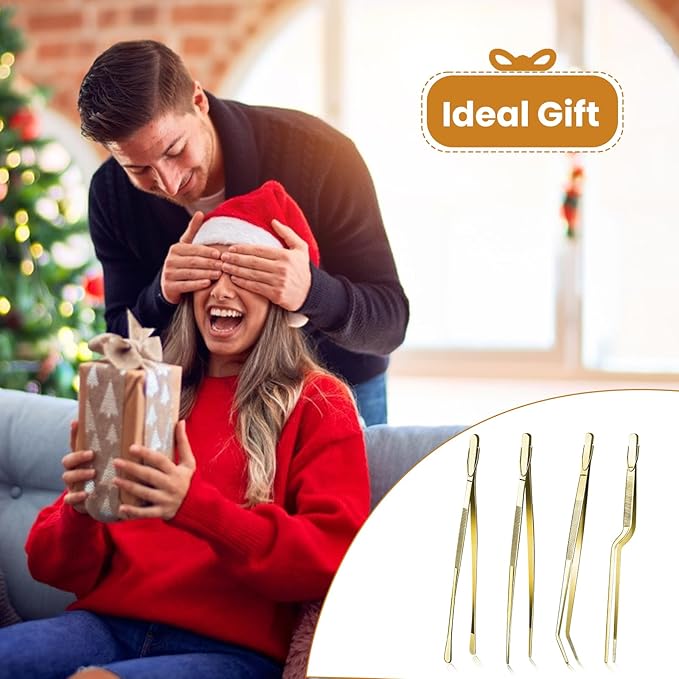 GEEKHOM Professional Stainless Steel Fine Tongs: 4-Pcs 12-Inch with Serrated Tips for Culinary Use & Serving (Gold)